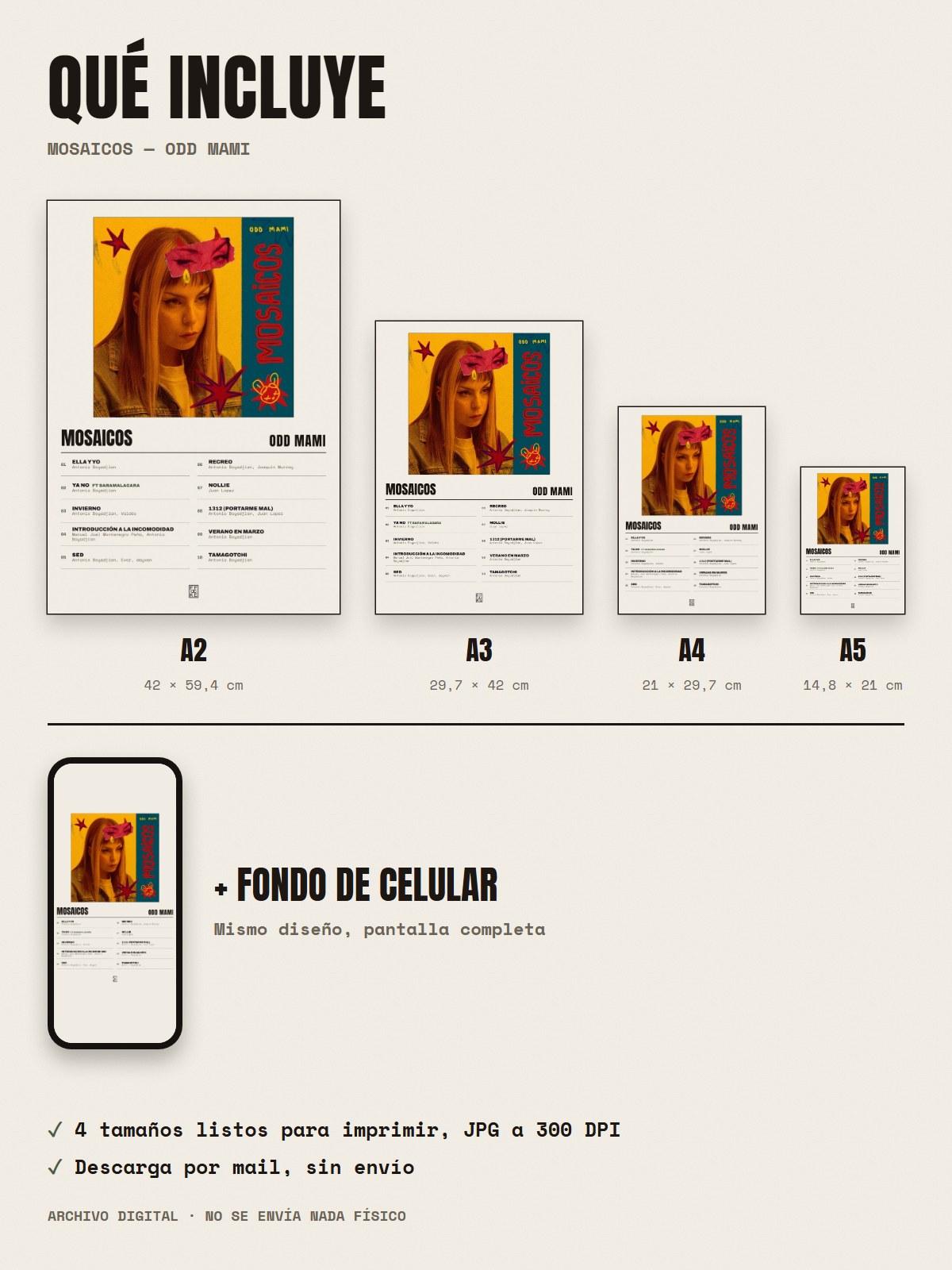 Qué incluye el póster de Mosaicos de ODD MAMI: A2, A3, A4, A5 y fondo de celular