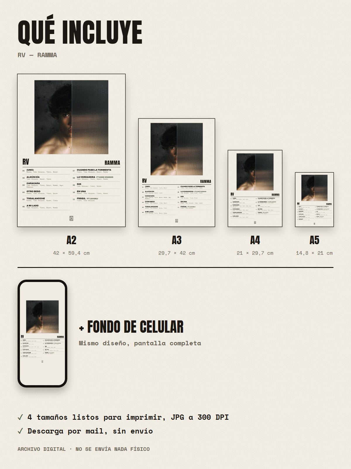 Qué incluye el póster de RV de Ramma: A2, A3, A4, A5 y fondo de celular