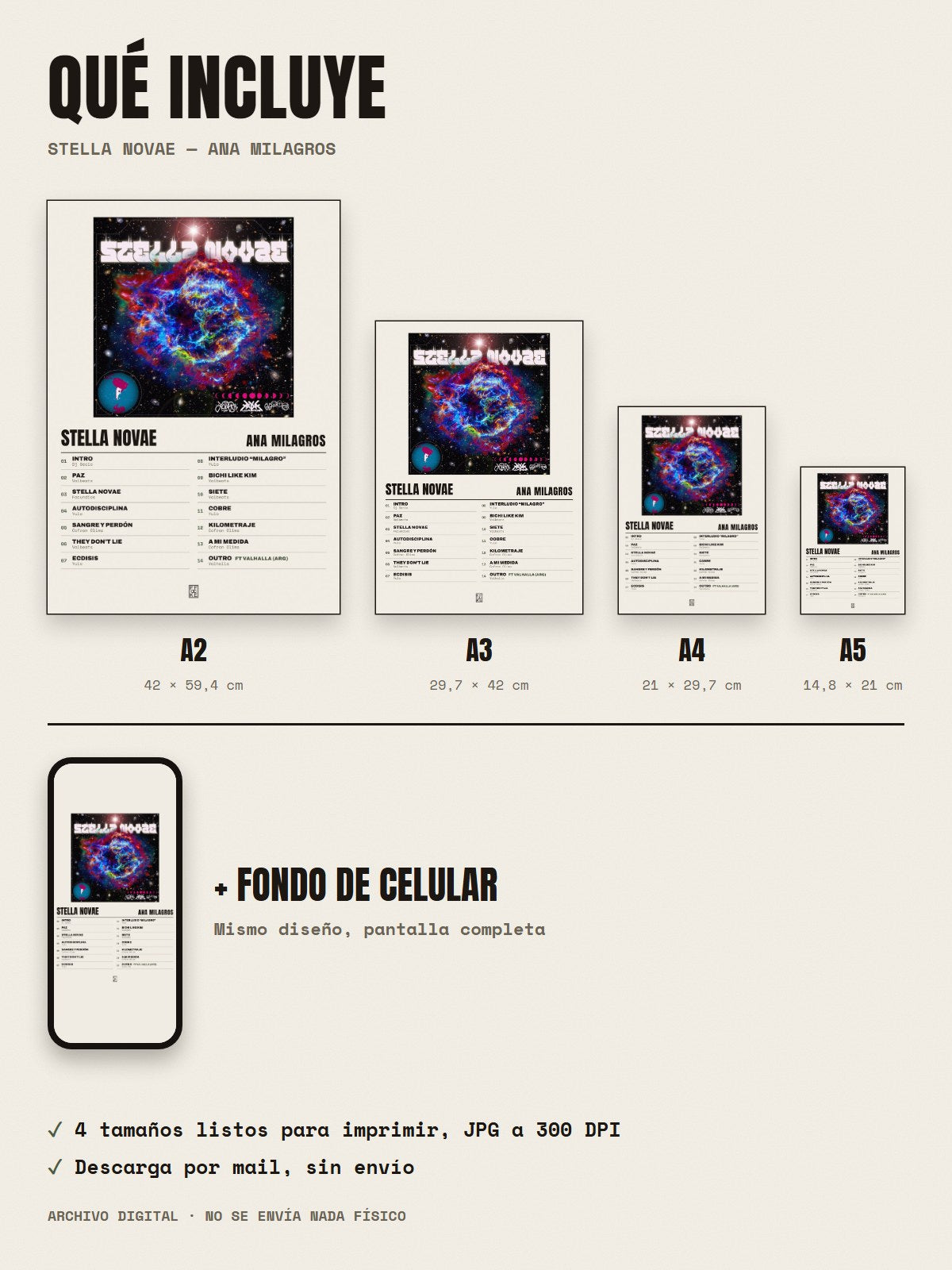 Qué incluye el póster de Stella Novae de Ana Milagros: A2, A3, A4, A5 y fondo de celular