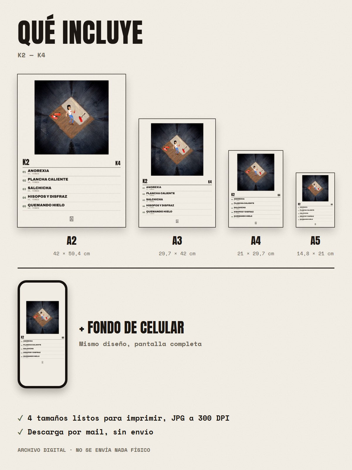 Qué incluye el póster de K2 de K4: A2, A3, A4, A5 y fondo de celular