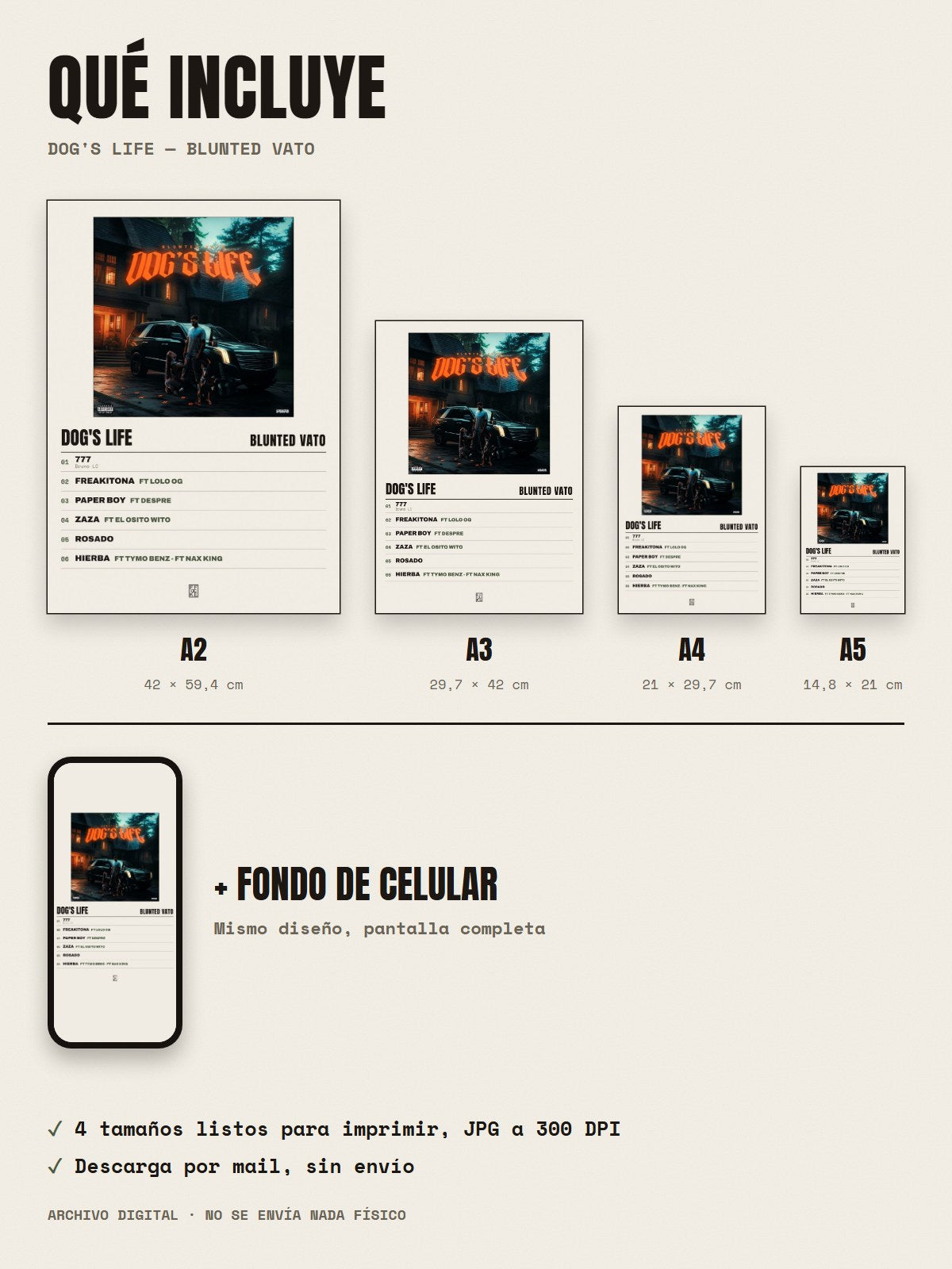 Qué incluye el póster de Dog's Life de Blunted Vato: A2, A3, A4, A5 y fondo de celular