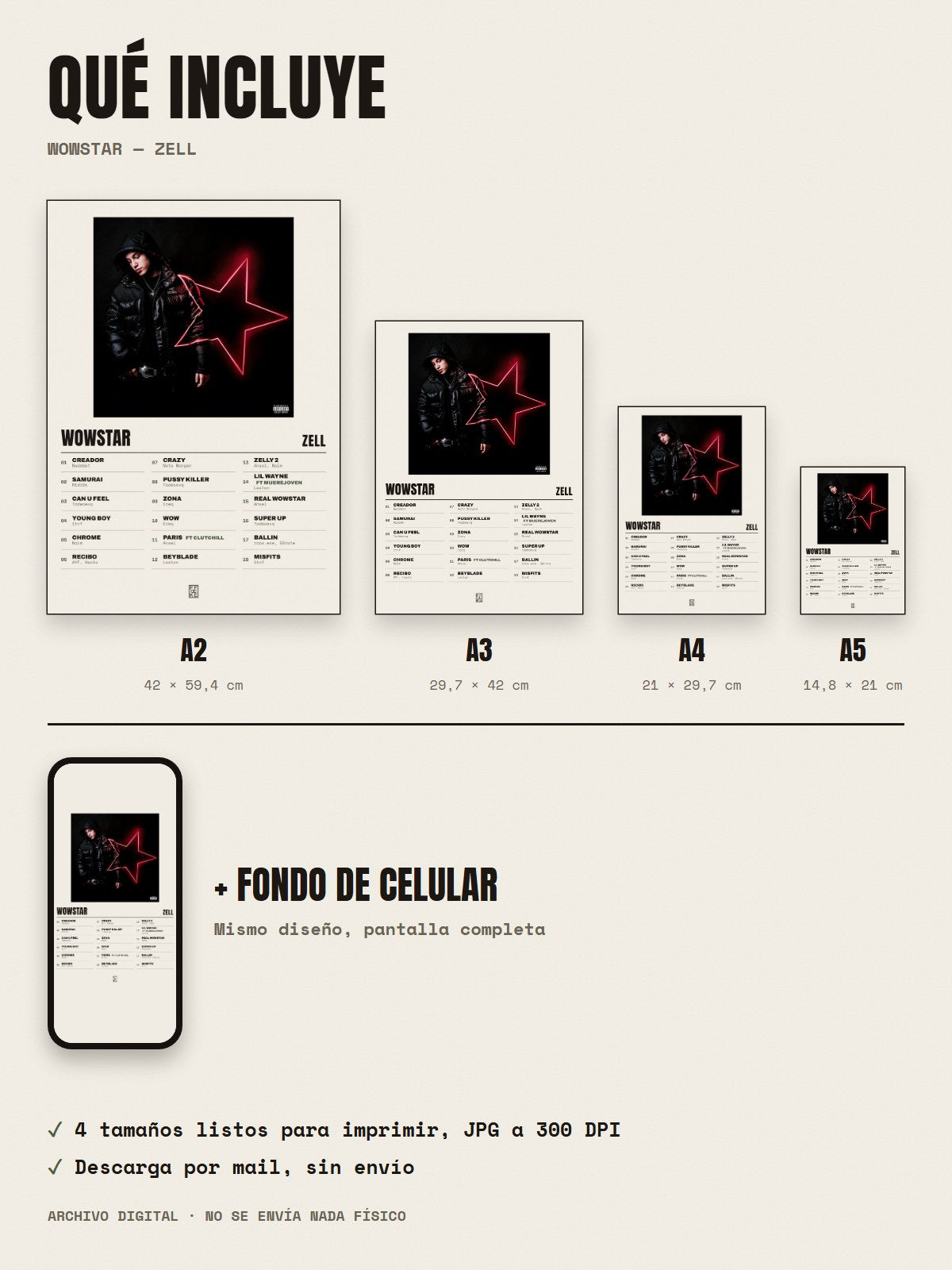 Qué incluye el póster de WOWSTAR de Zell: A2, A3, A4, A5 y fondo de celular