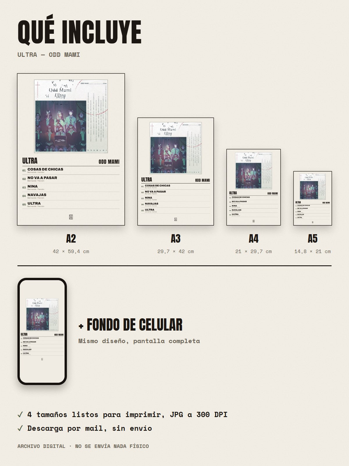 Qué incluye el póster de Ultra de ODD MAMI: A2, A3, A4, A5 y fondo de celular