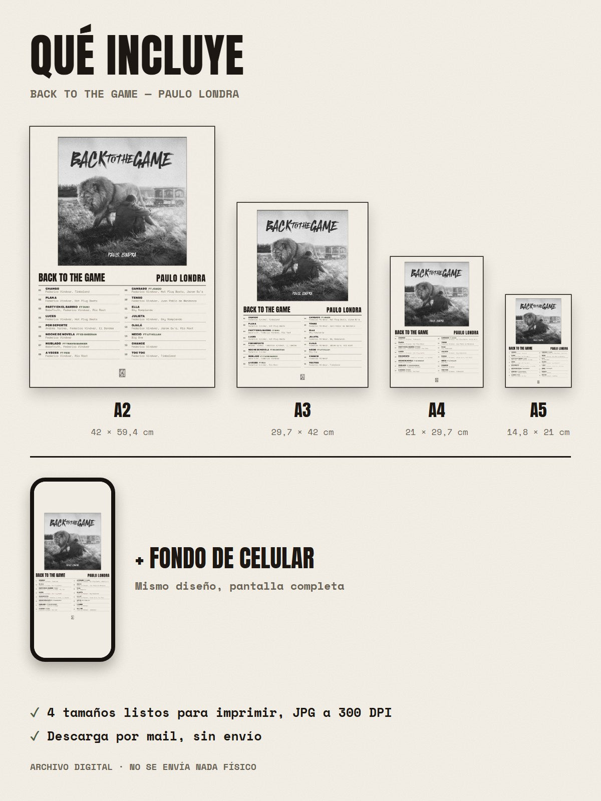 Qué incluye el póster de Back To The Game de Paulo Londra: A2, A3, A4, A5 y fondo de celular