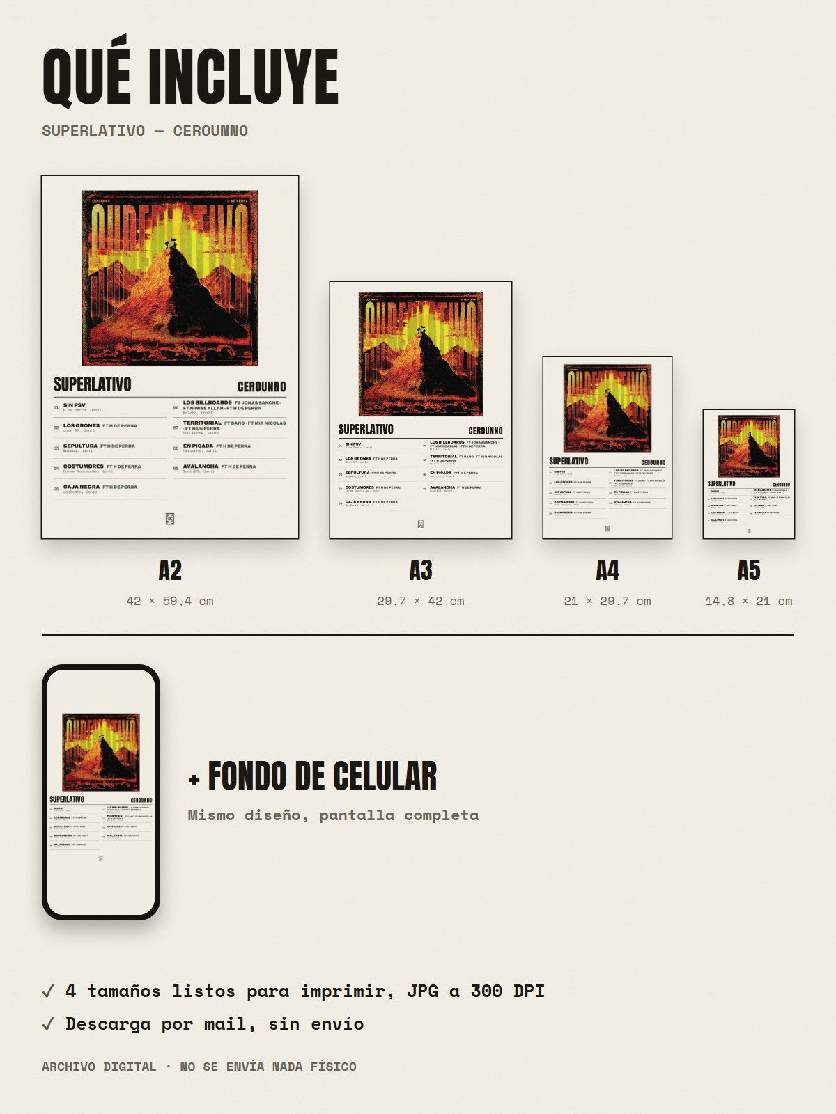 Qué incluye el póster de SUPERLATIVO de Cerounno: A2, A3, A4, A5 y fondo de celular