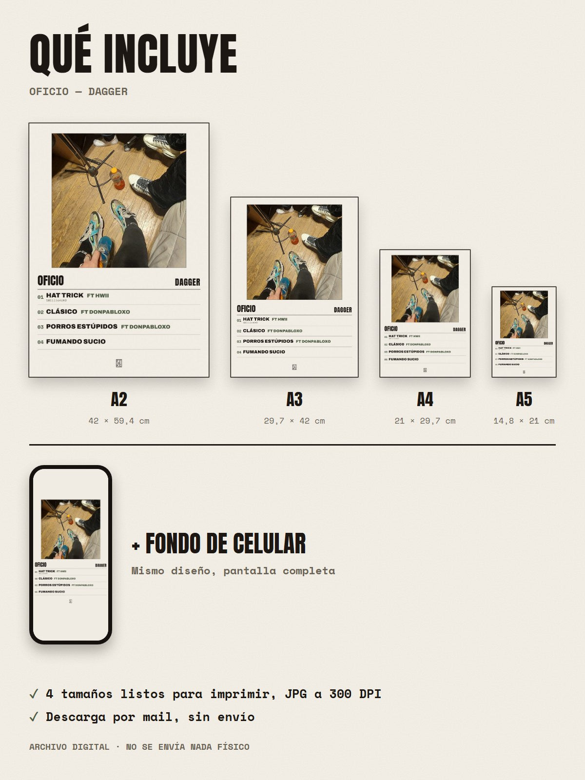 Qué incluye el póster de Oficio de Dagger: A2, A3, A4, A5 y fondo de celular