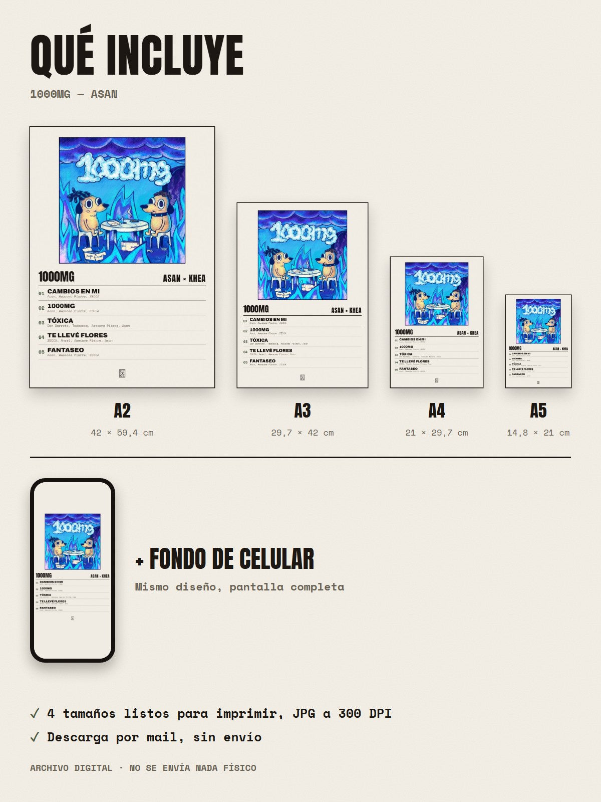 Qué incluye el póster de 1000mg de Asan × KHEA: A2, A3, A4, A5 y fondo de celular