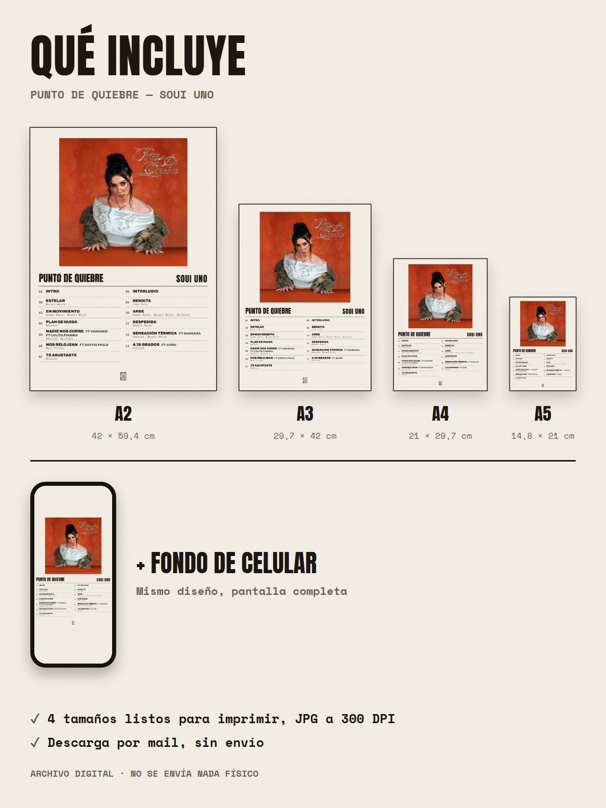 Qué incluye el póster de PUNTO DE QUIEBRE de Soui Uno: A2, A3, A4, A5 y fondo de celular