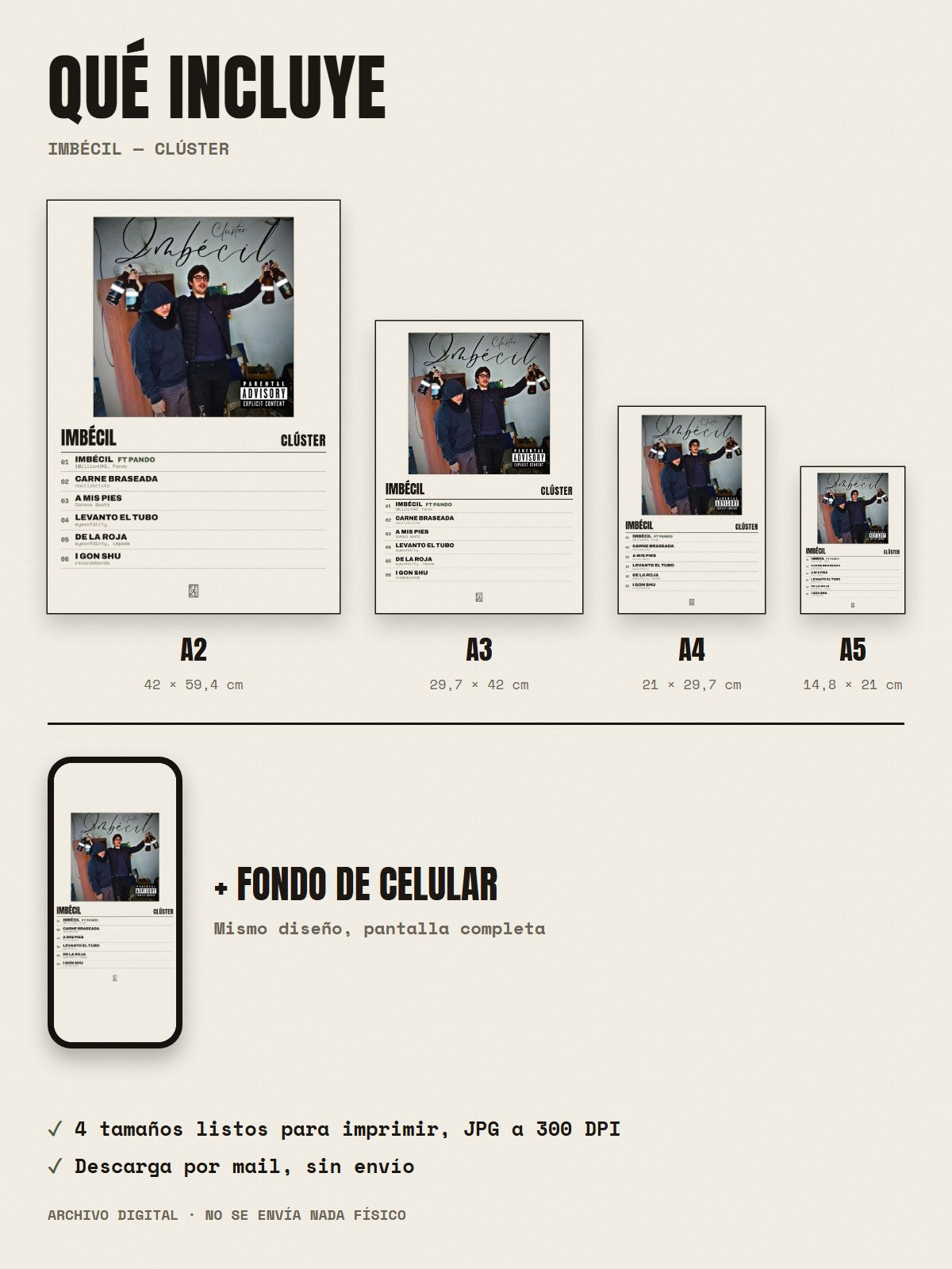 Qué incluye el póster de Imbécil de Clúster: A2, A3, A4, A5 y fondo de celular