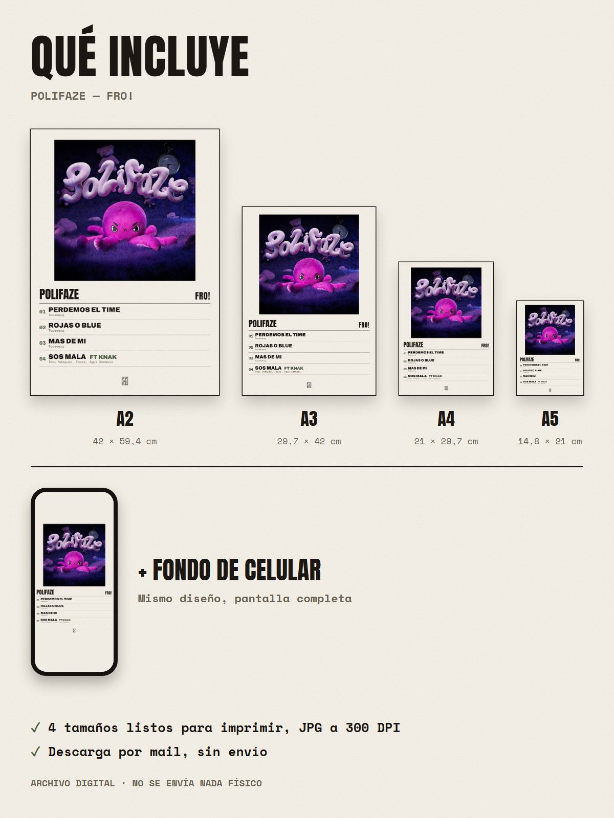 Qué incluye el póster de Polifaze de FRO!: A2, A3, A4, A5 y fondo de celular