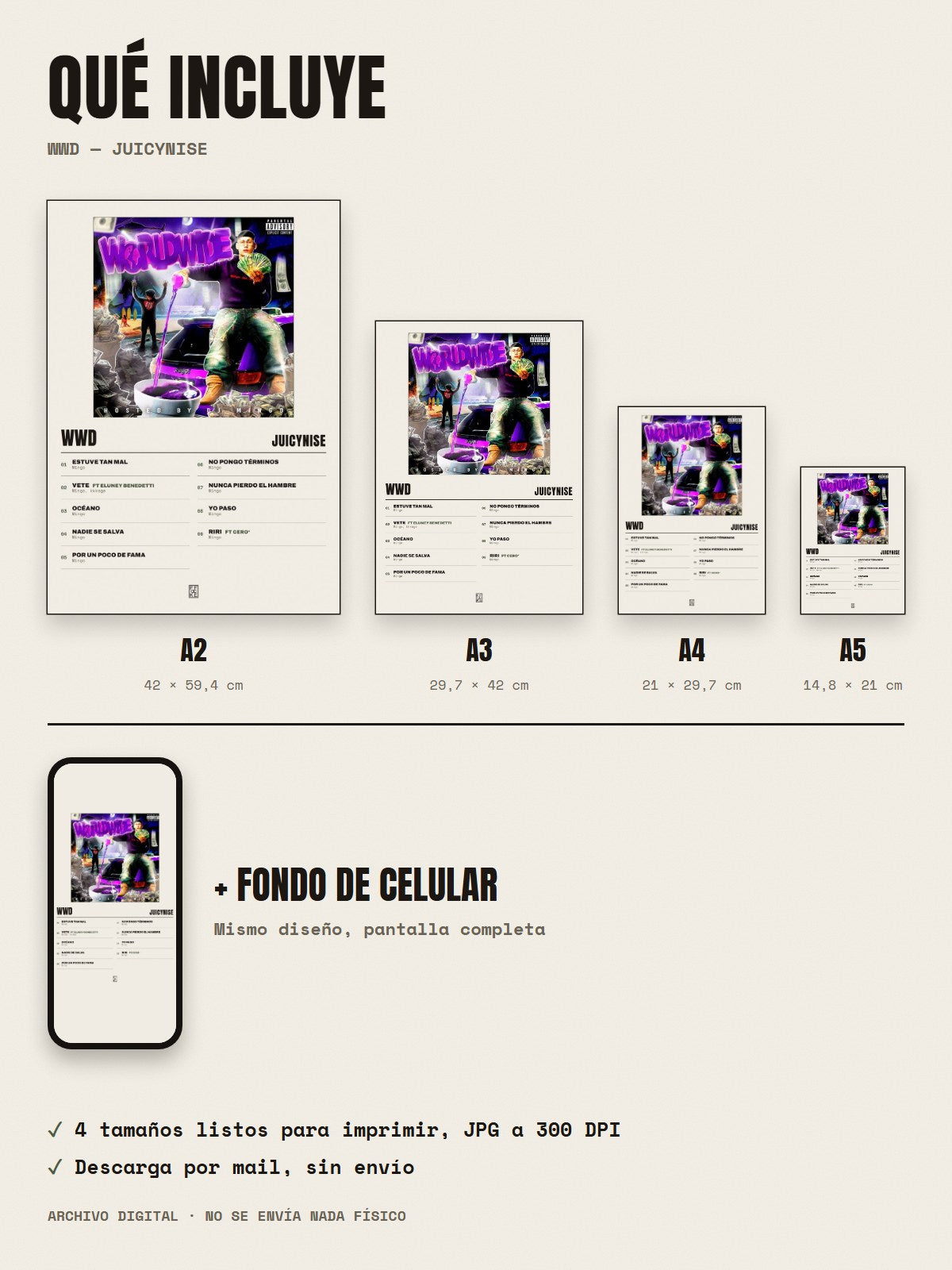 Qué incluye el póster de WWD de JuicyNise: A2, A3, A4, A5 y fondo de celular