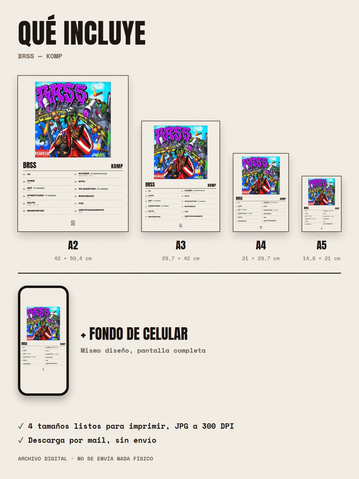 Qué incluye el póster de Brss de Komp: A2, A3, A4, A5 y fondo de celular