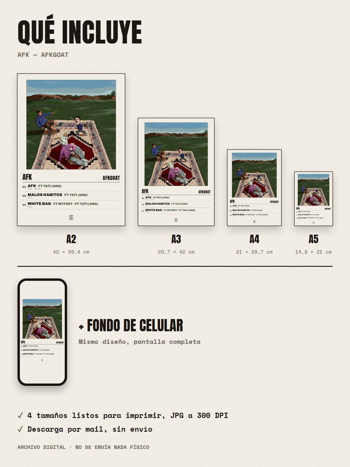 Qué incluye el póster de Afk de afkGOAT: A2, A3, A4, A5 y fondo de celular