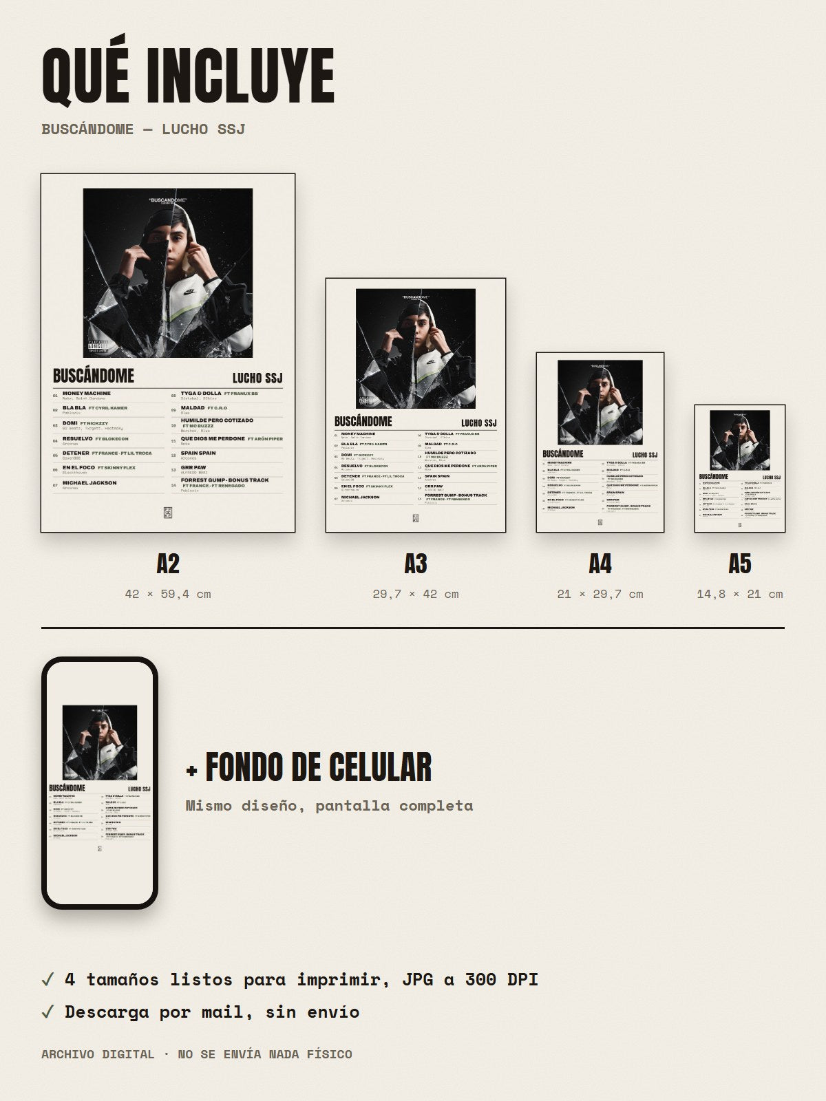Qué incluye el póster de Buscándome de Lucho SSJ: A2, A3, A4, A5 y fondo de celular