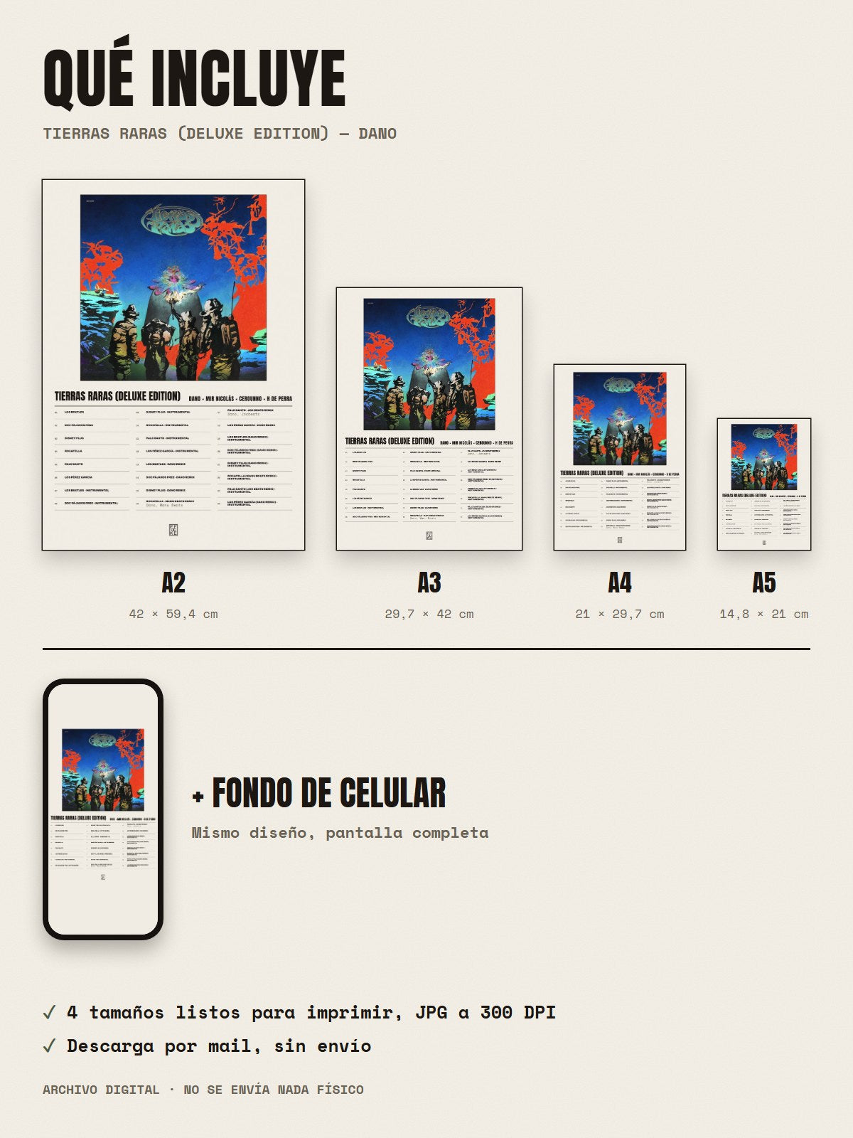 Qué incluye el póster de Tierras Raras (Deluxe Edition) de Dano × Mir Nicolás × Cerounno × H de Perra: A2, A3, A4, A5 y fondo de celular