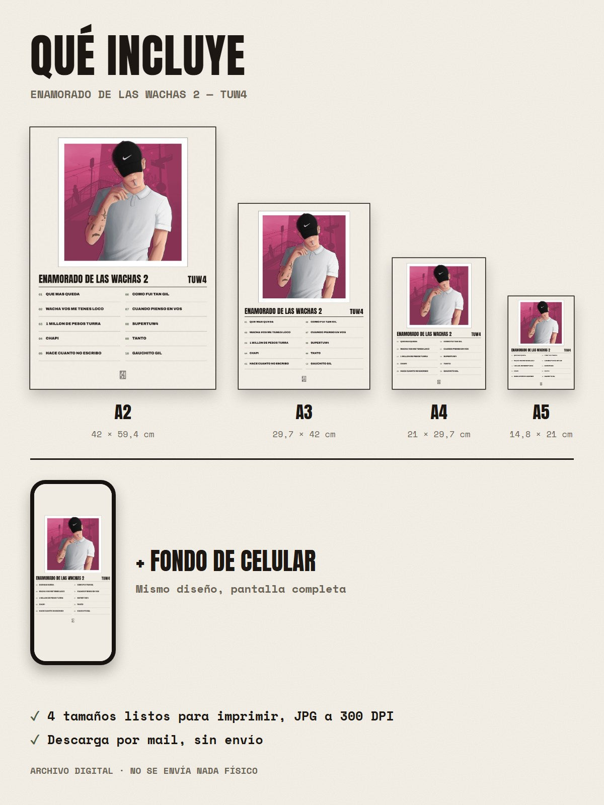 Qué incluye el póster de ENAMORADO DE LAS WACHAS 2 de tuw4: A2, A3, A4, A5 y fondo de celular