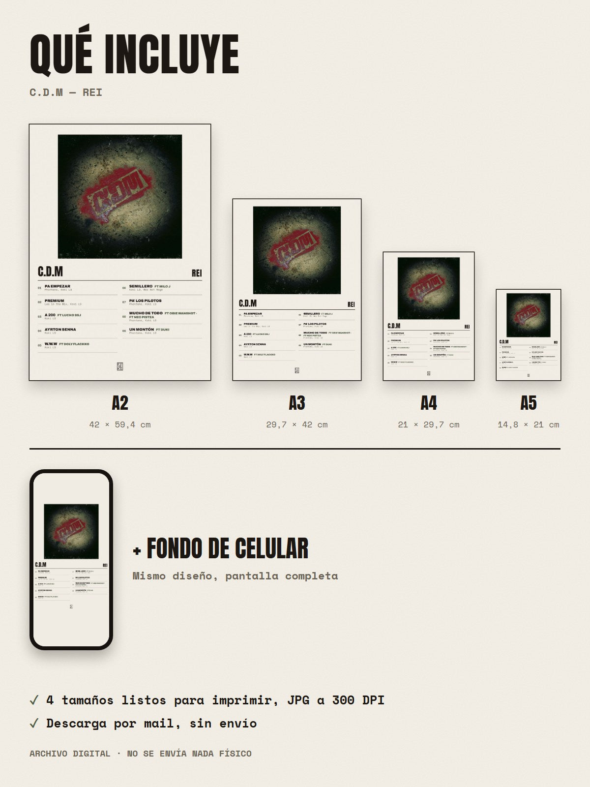 Qué incluye el póster de C.D.M de Rei: A2, A3, A4, A5 y fondo de celular