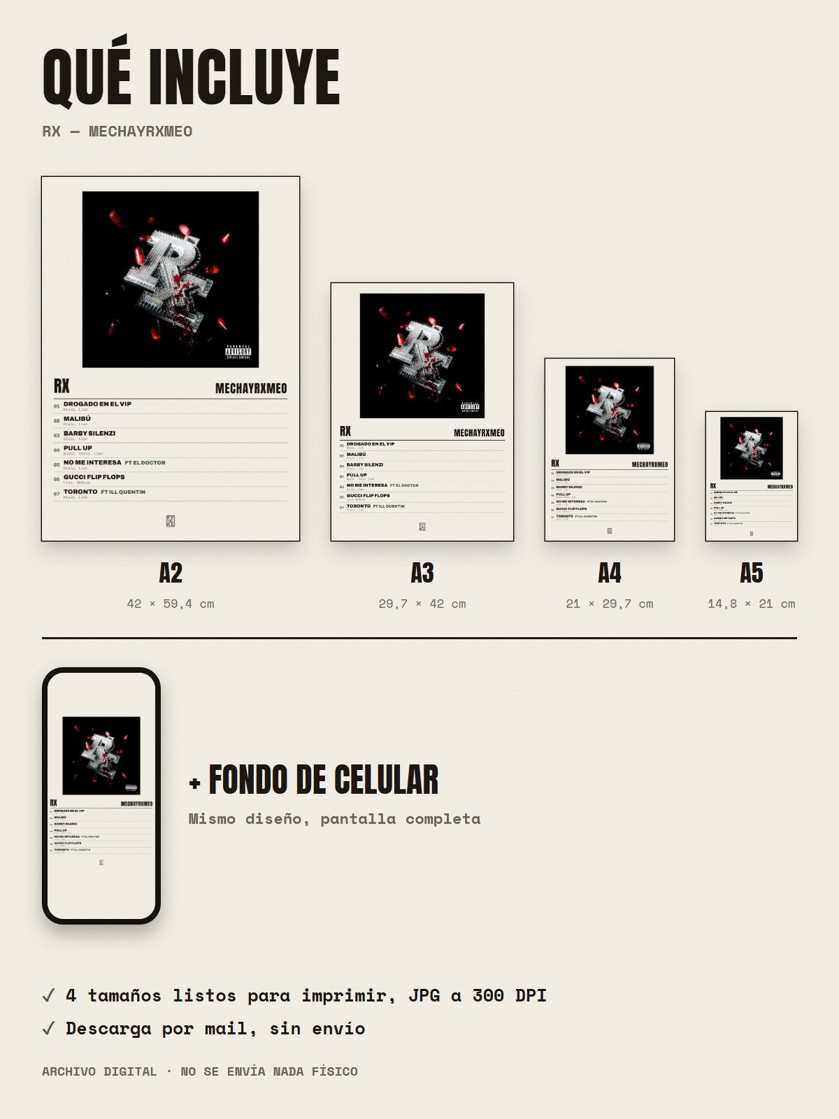 Qué incluye el póster de RX de MECHAYRXMEO: A2, A3, A4, A5 y fondo de celular