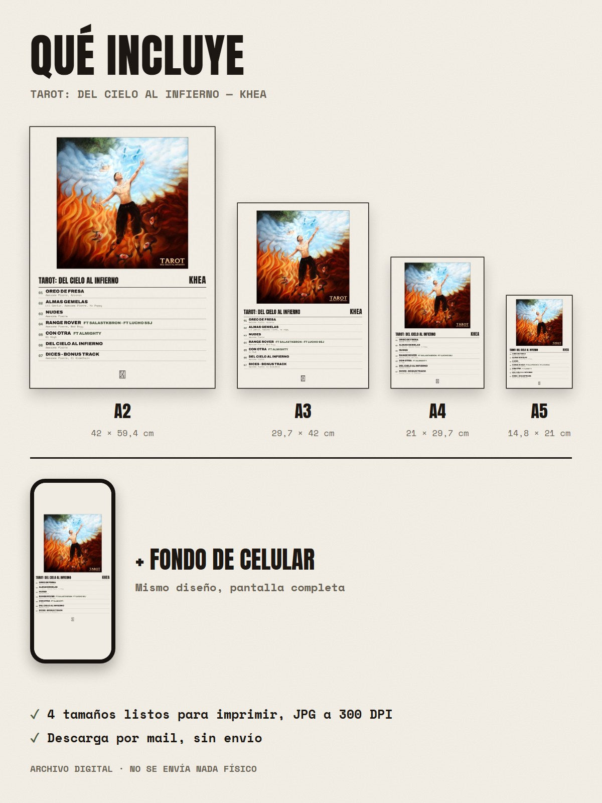 Qué incluye el póster de TAROT: Del cielo al infierno de KHEA: A2, A3, A4, A5 y fondo de celular
