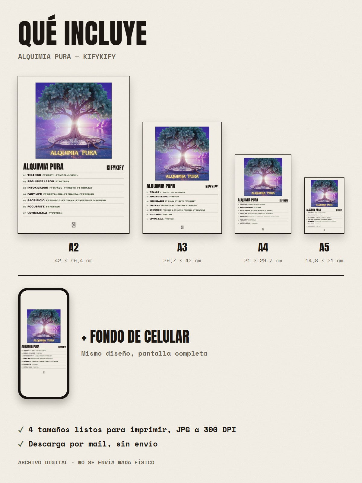 Qué incluye el póster de Alquimia Pura de Kifykify: A2, A3, A4, A5 y fondo de celular