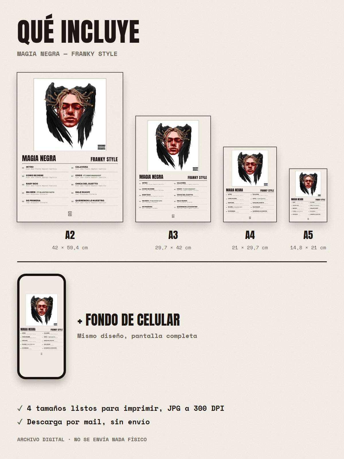 Qué incluye el póster de Magia Negra de Franky Style: A2, A3, A4, A5 y fondo de celular