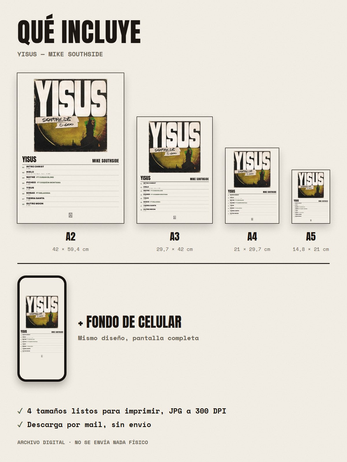 Qué incluye el póster de Yisus de Mike Southside: A2, A3, A4, A5 y fondo de celular