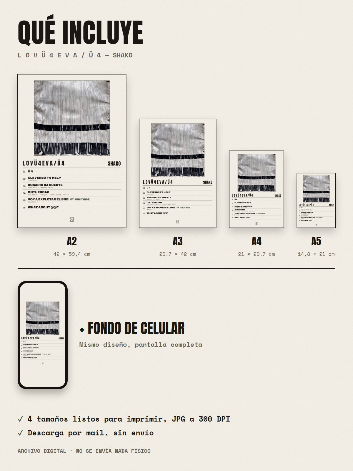 Qué incluye el póster de l o v ü 4 e v a / ü 4 de Shako: A2, A3, A4, A5 y fondo de celular