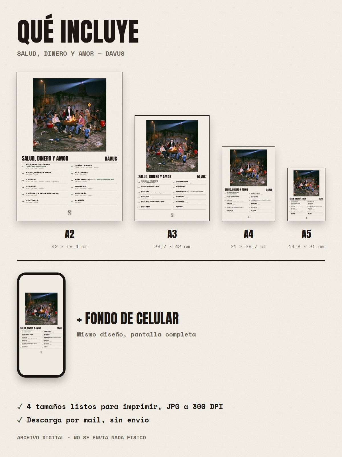 Qué incluye el póster de Salud, Dinero y Amor de Davus: A2, A3, A4, A5 y fondo de celular