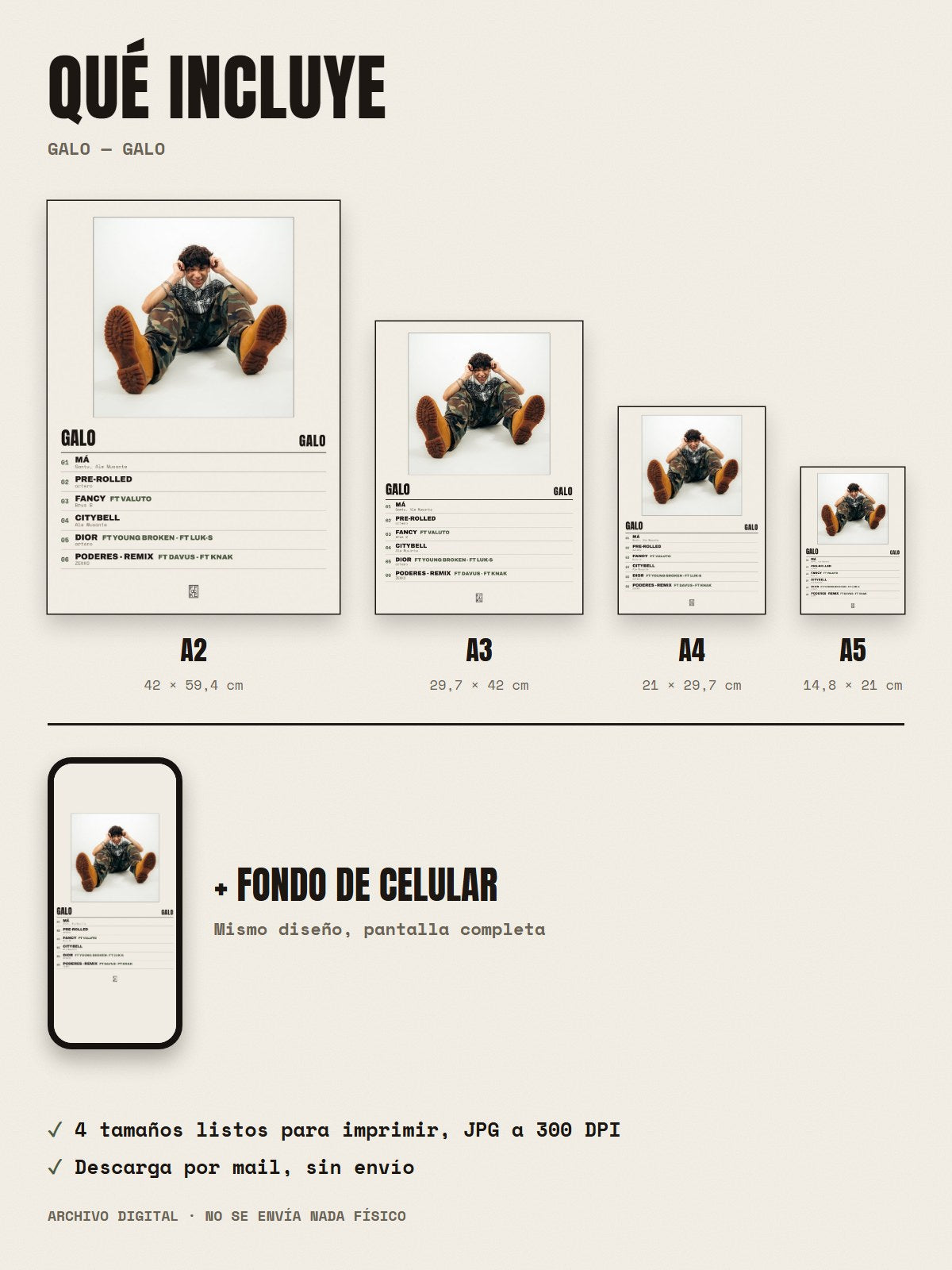 Qué incluye el póster de Galo de GALO: A2, A3, A4, A5 y fondo de celular