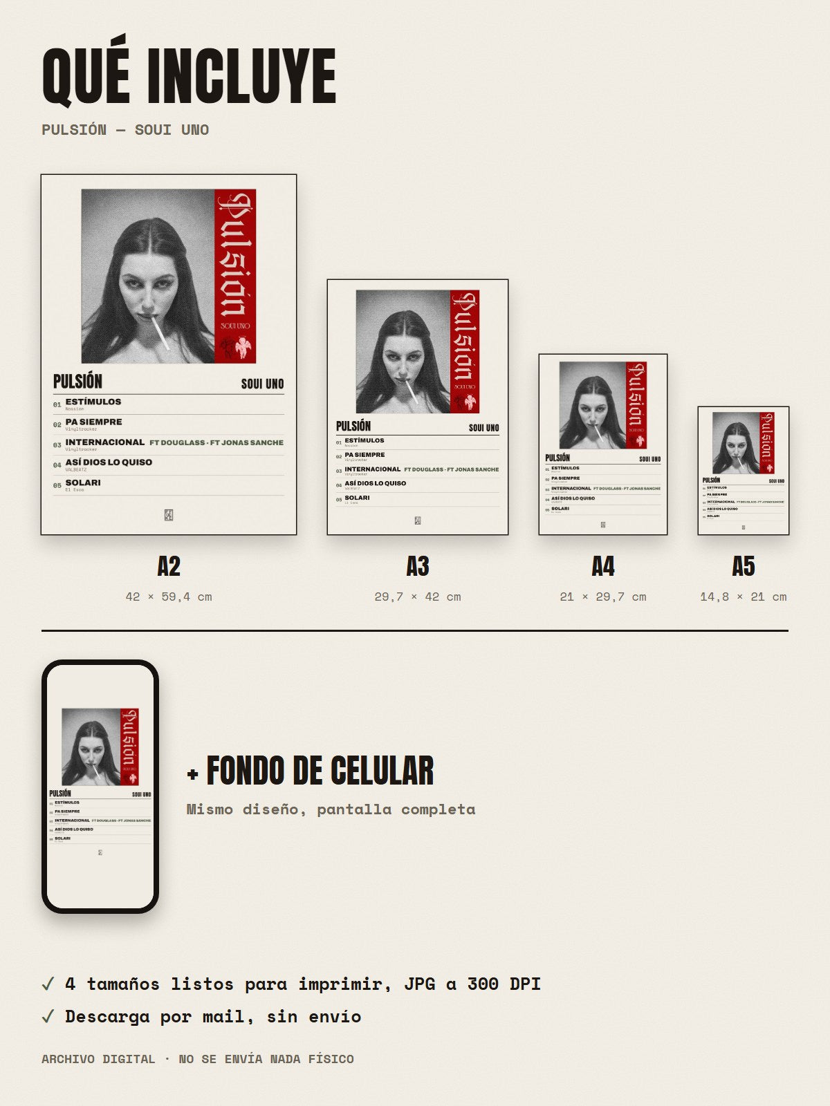 Qué incluye el póster de PULSIÓN de Soui Uno: A2, A3, A4, A5 y fondo de celular