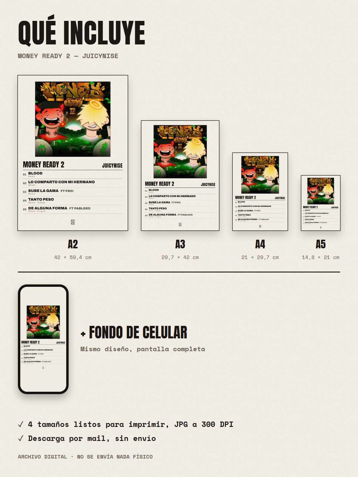 Qué incluye el póster de Money Ready 2 de JuicyNise: A2, A3, A4, A5 y fondo de celular