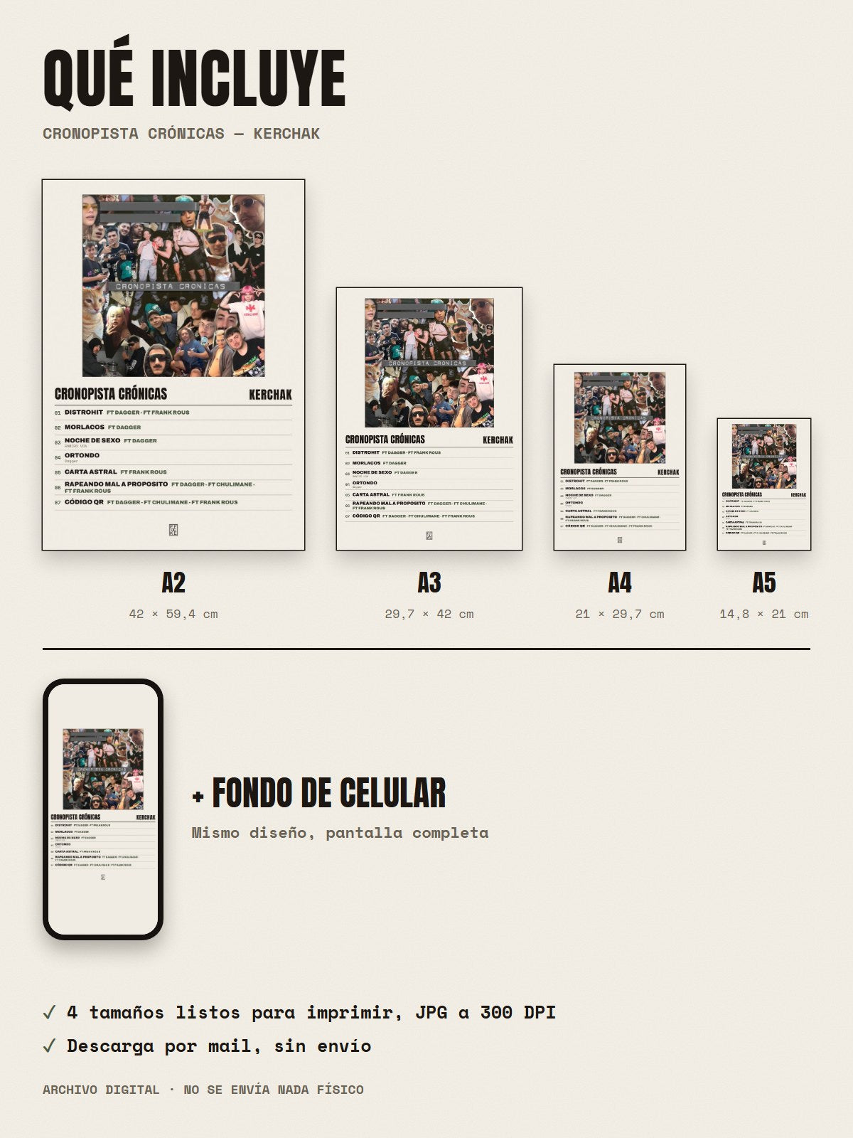 Qué incluye el póster de Cronopista Crónicas de KERCHAK: A2, A3, A4, A5 y fondo de celular