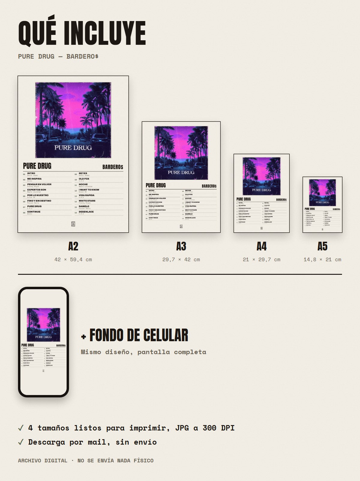 Qué incluye el póster de PURE DRUG de Bardero$: A2, A3, A4, A5 y fondo de celular