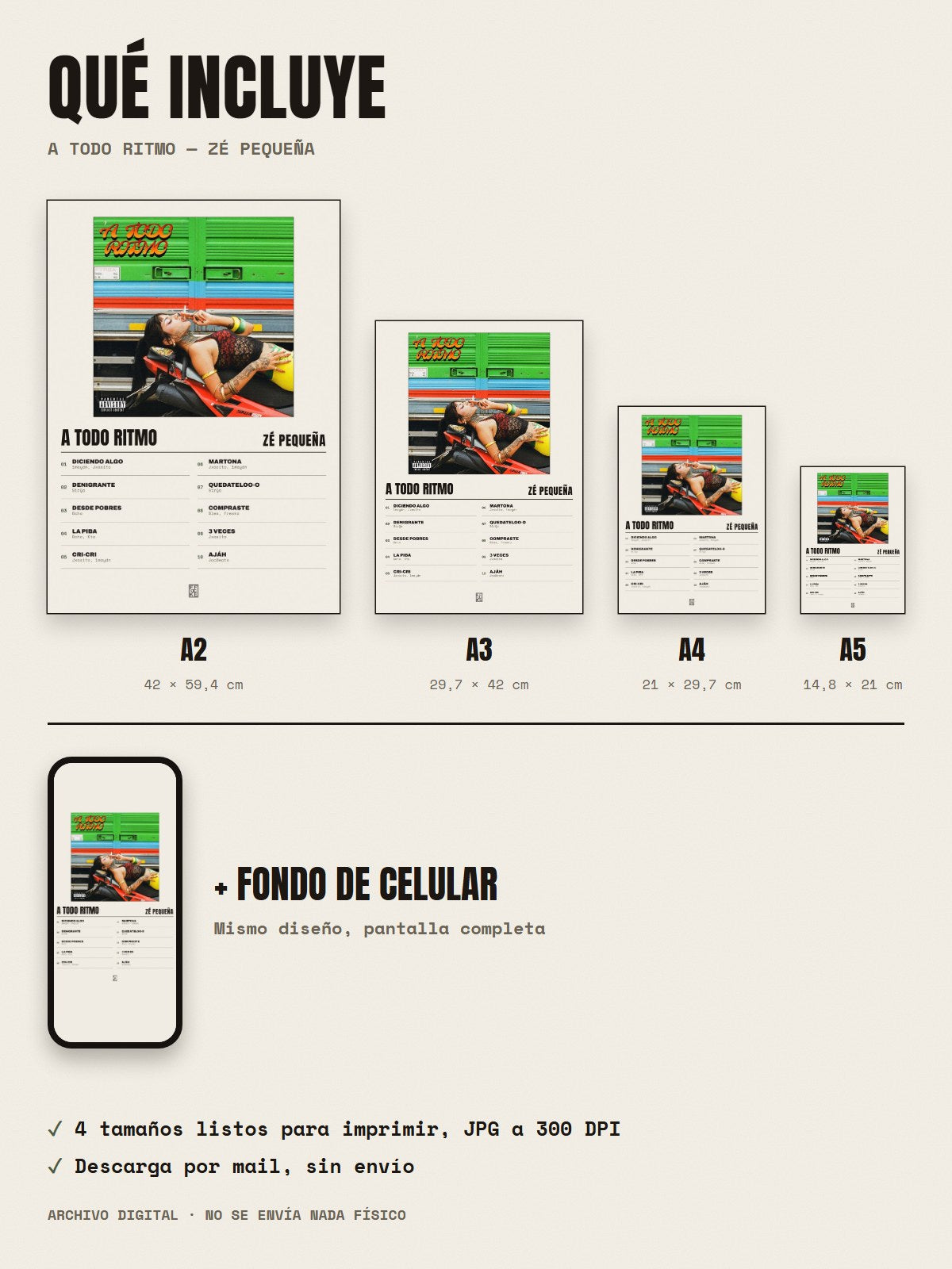 Qué incluye el póster de A Todo Ritmo de Zé Pequeña: A2, A3, A4, A5 y fondo de celular