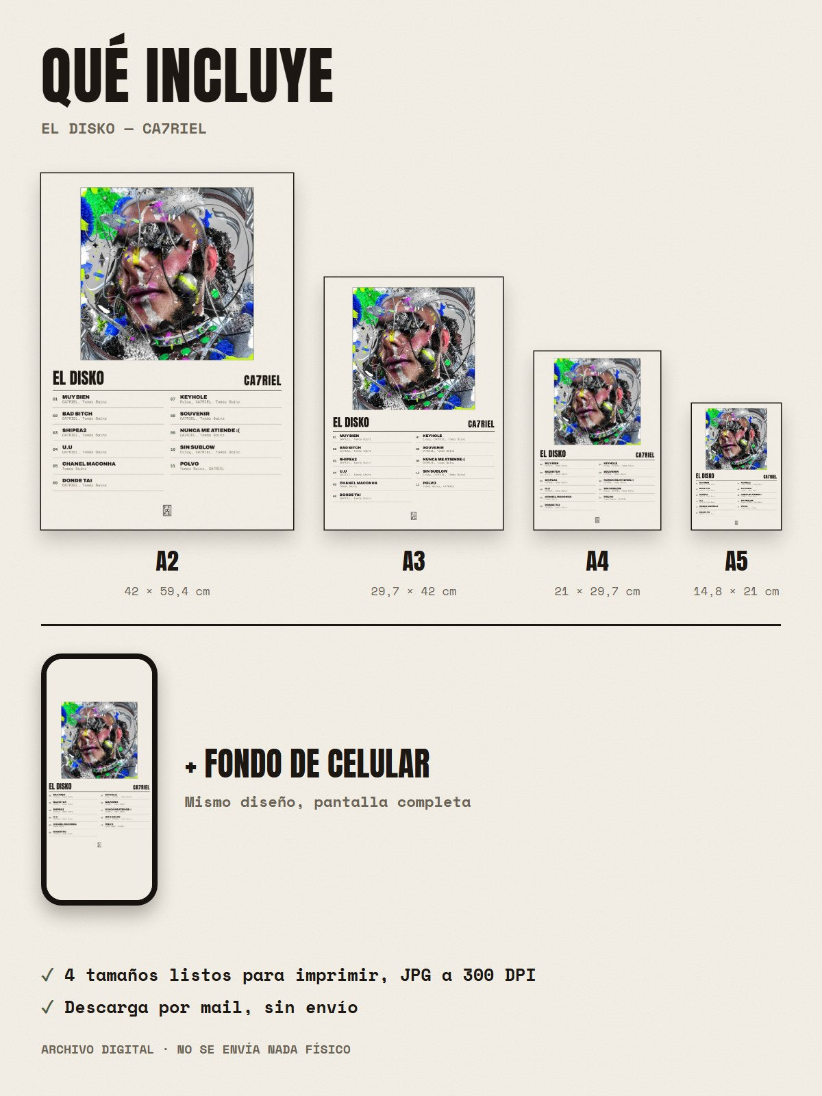 Qué incluye el póster de EL DISKO de CA7RIEL: A2, A3, A4, A5 y fondo de celular