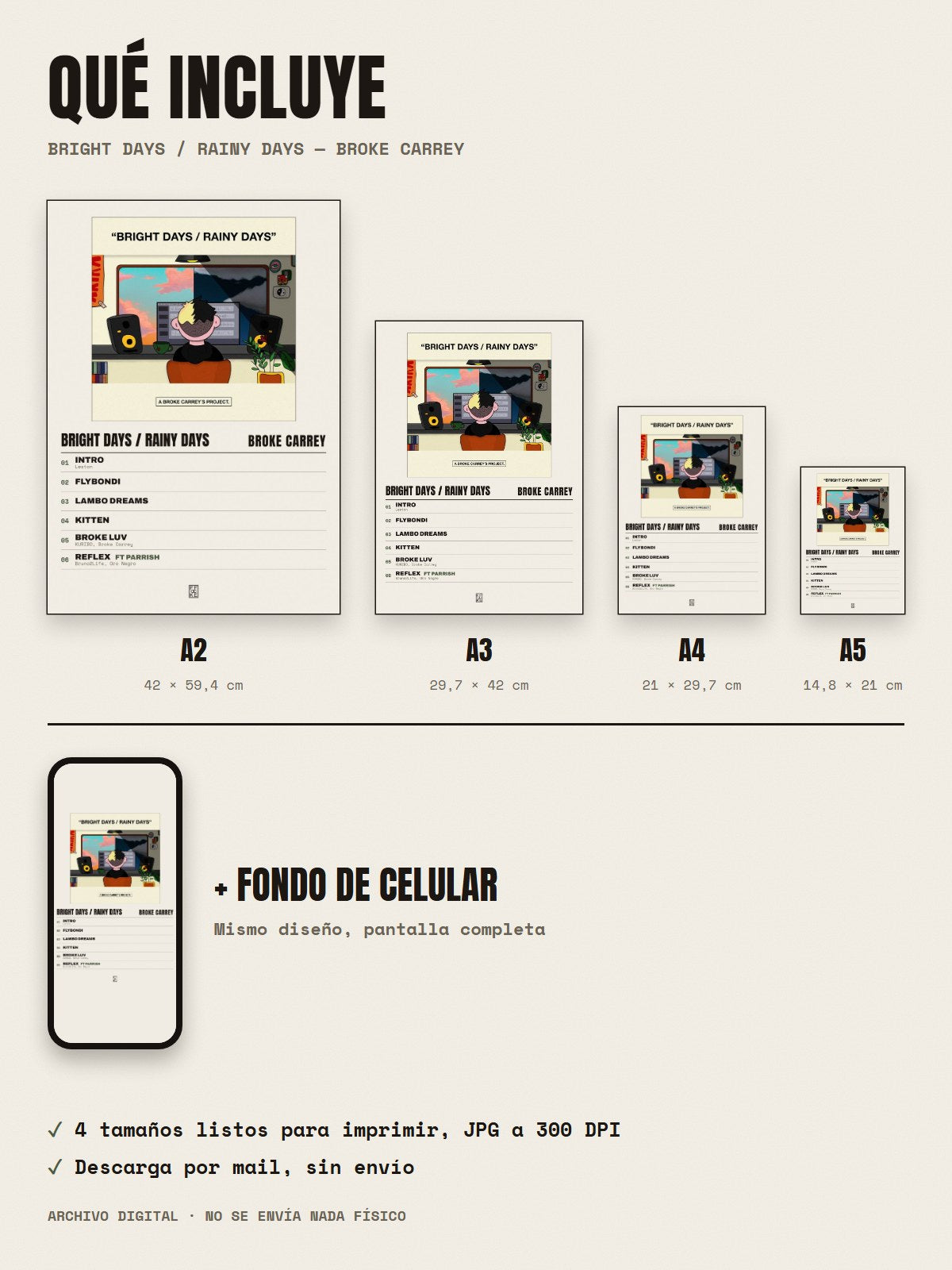 Qué incluye el póster de Bright Days / Rainy Days de Broke Carrey: A2, A3, A4, A5 y fondo de celular