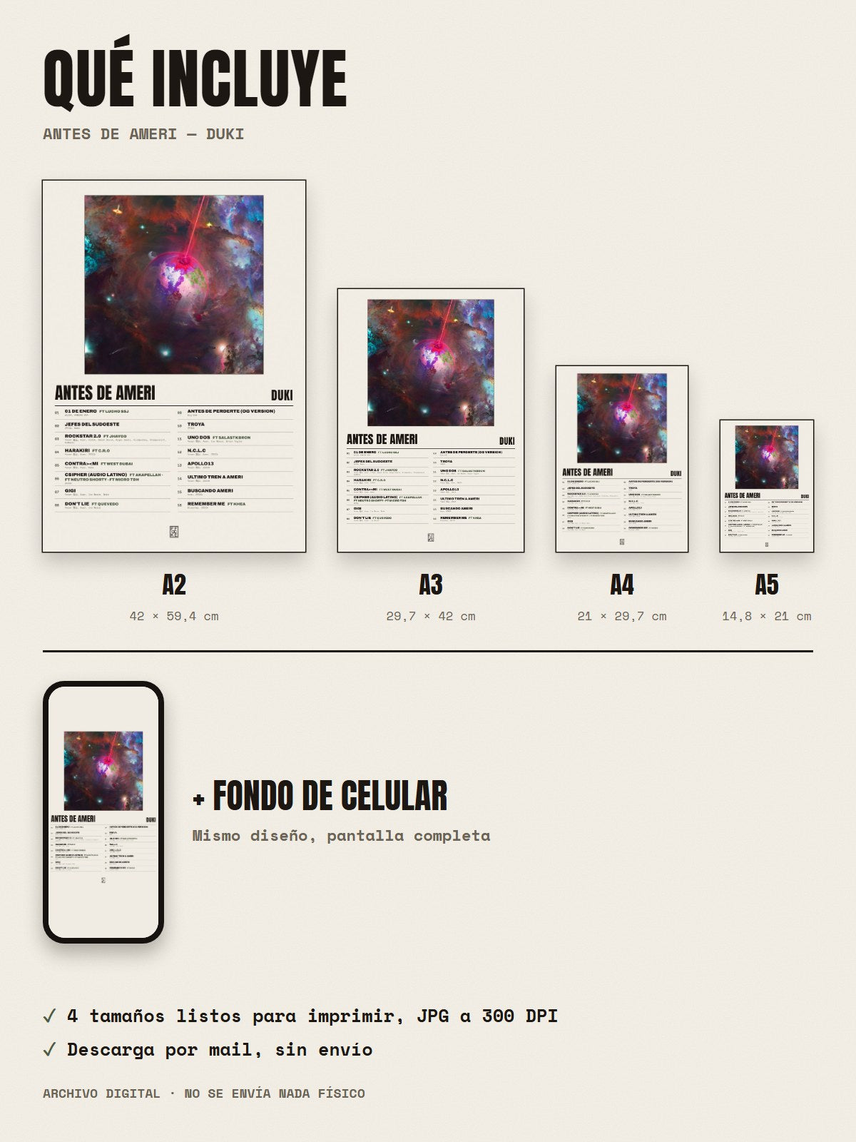 Qué incluye el póster de Antes de Ameri de Duki: A2, A3, A4, A5 y fondo de celular