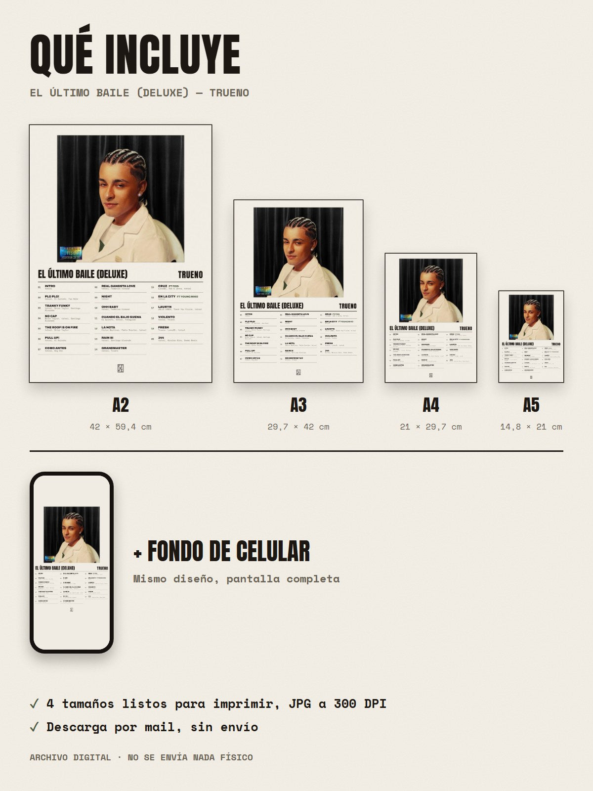 Qué incluye el póster de EL ÚLTIMO BAILE (DELUXE) de Trueno: A2, A3, A4, A5 y fondo de celular