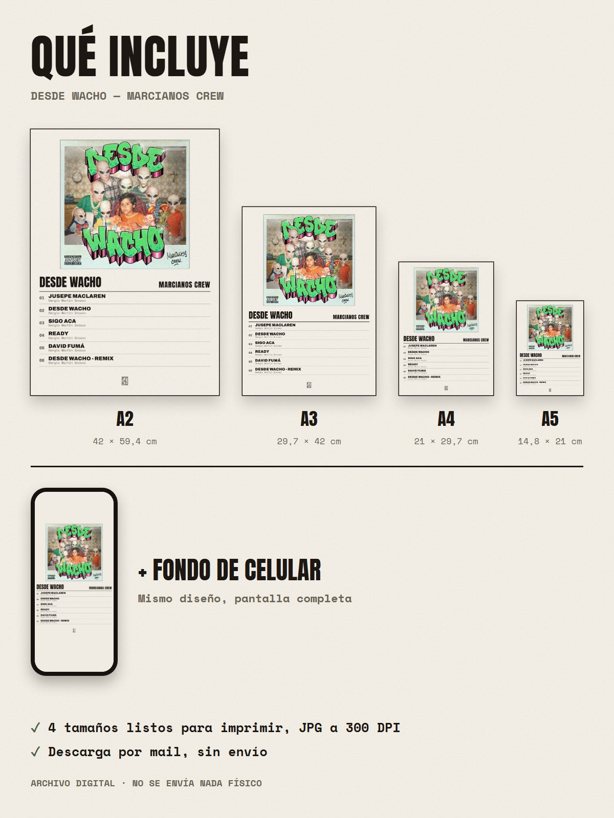 Qué incluye el póster de Desde Wacho de Marcianos Crew: A2, A3, A4, A5 y fondo de celular