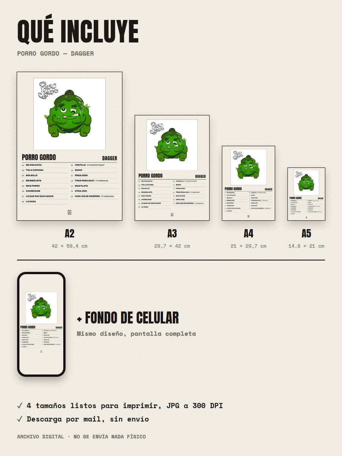 Qué incluye el póster de Porro Gordo de Dagger: A2, A3, A4, A5 y fondo de celular