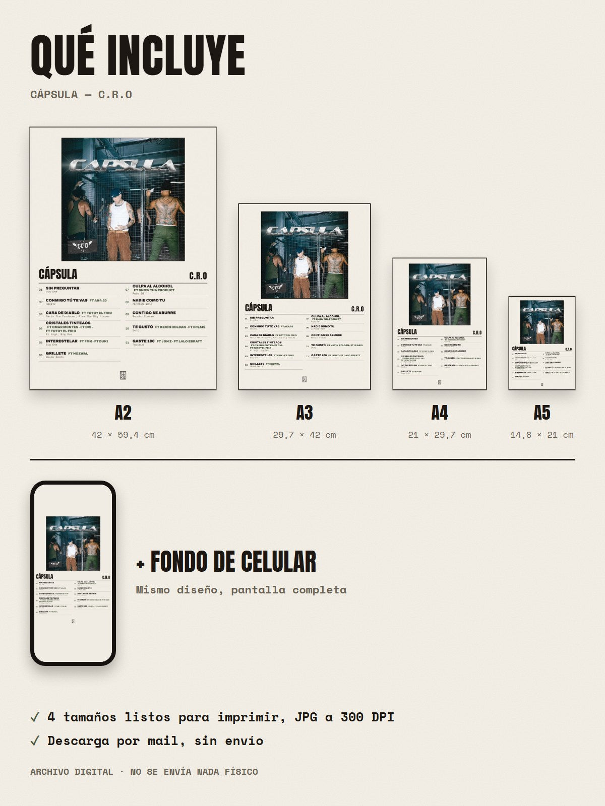 Qué incluye el póster de Cápsula de C.R.O: A2, A3, A4, A5 y fondo de celular