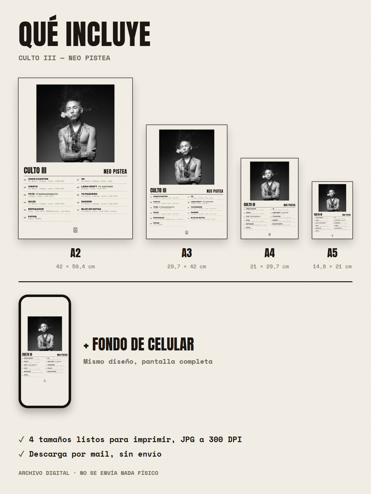 Qué incluye el póster de CULTO III de Neo Pistea: A2, A3, A4, A5 y fondo de celular