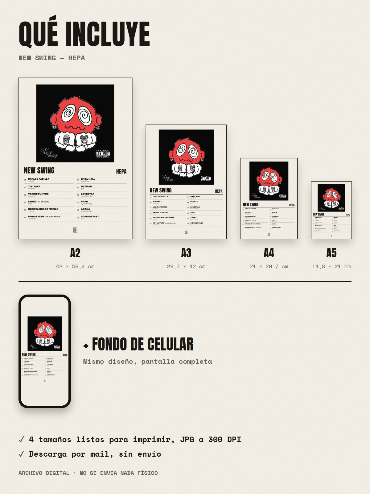 Qué incluye el póster de New Swing de Hepa: A2, A3, A4, A5 y fondo de celular