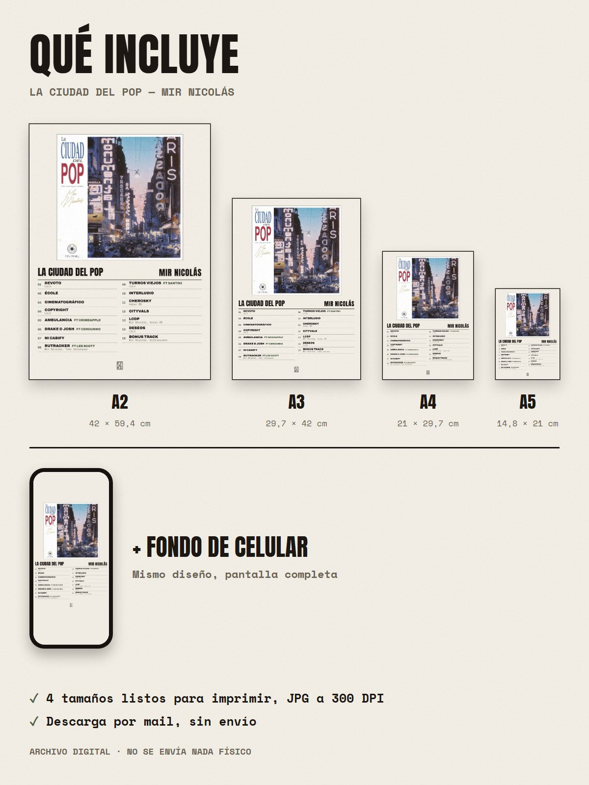 Qué incluye el póster de La Ciudad del Pop de Mir Nicolás: A2, A3, A4, A5 y fondo de celular