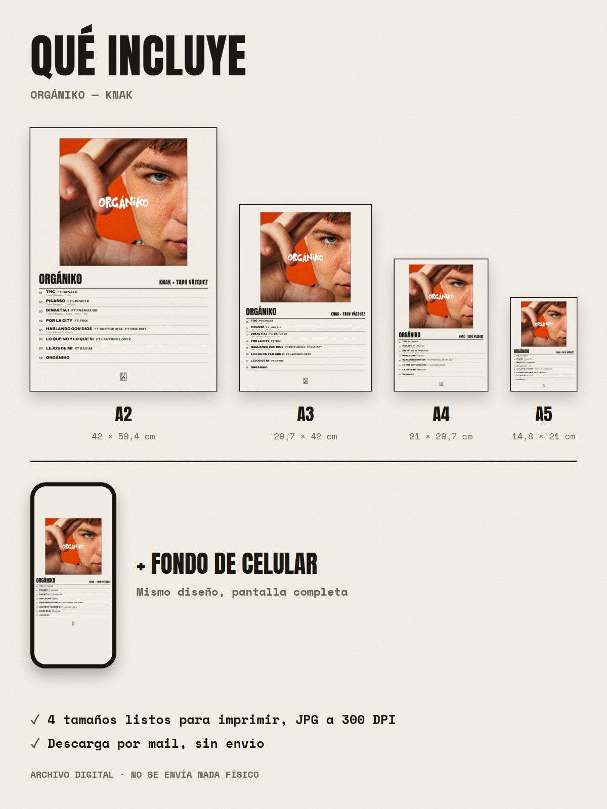 Qué incluye el póster de ORGÁNIKO de Knak × Tadu Vázquez: A2, A3, A4, A5 y fondo de celular