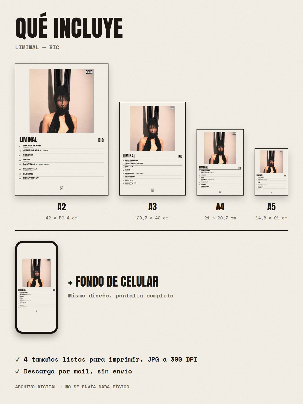 Qué incluye el póster de liminal de BIC: A2, A3, A4, A5 y fondo de celular