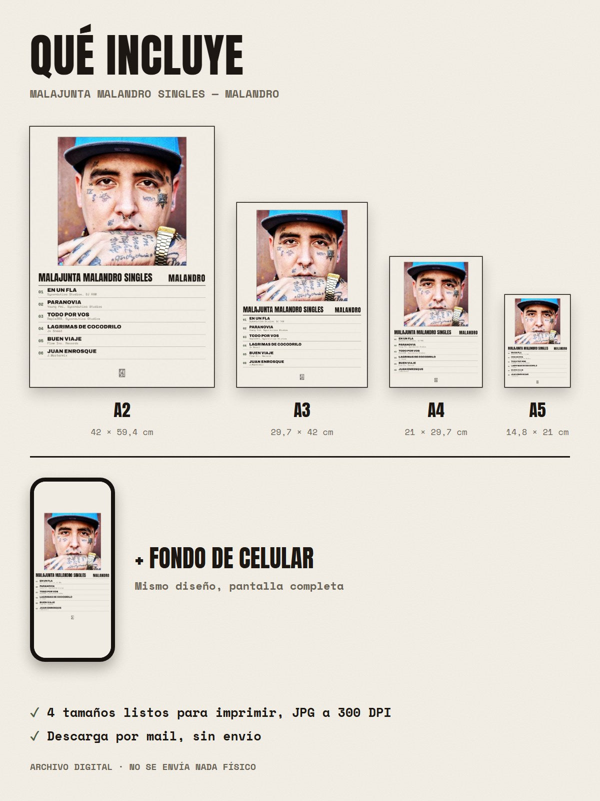 Qué incluye el póster de Malajunta Malandro Singles de Malandro: A2, A3, A4, A5 y fondo de celular