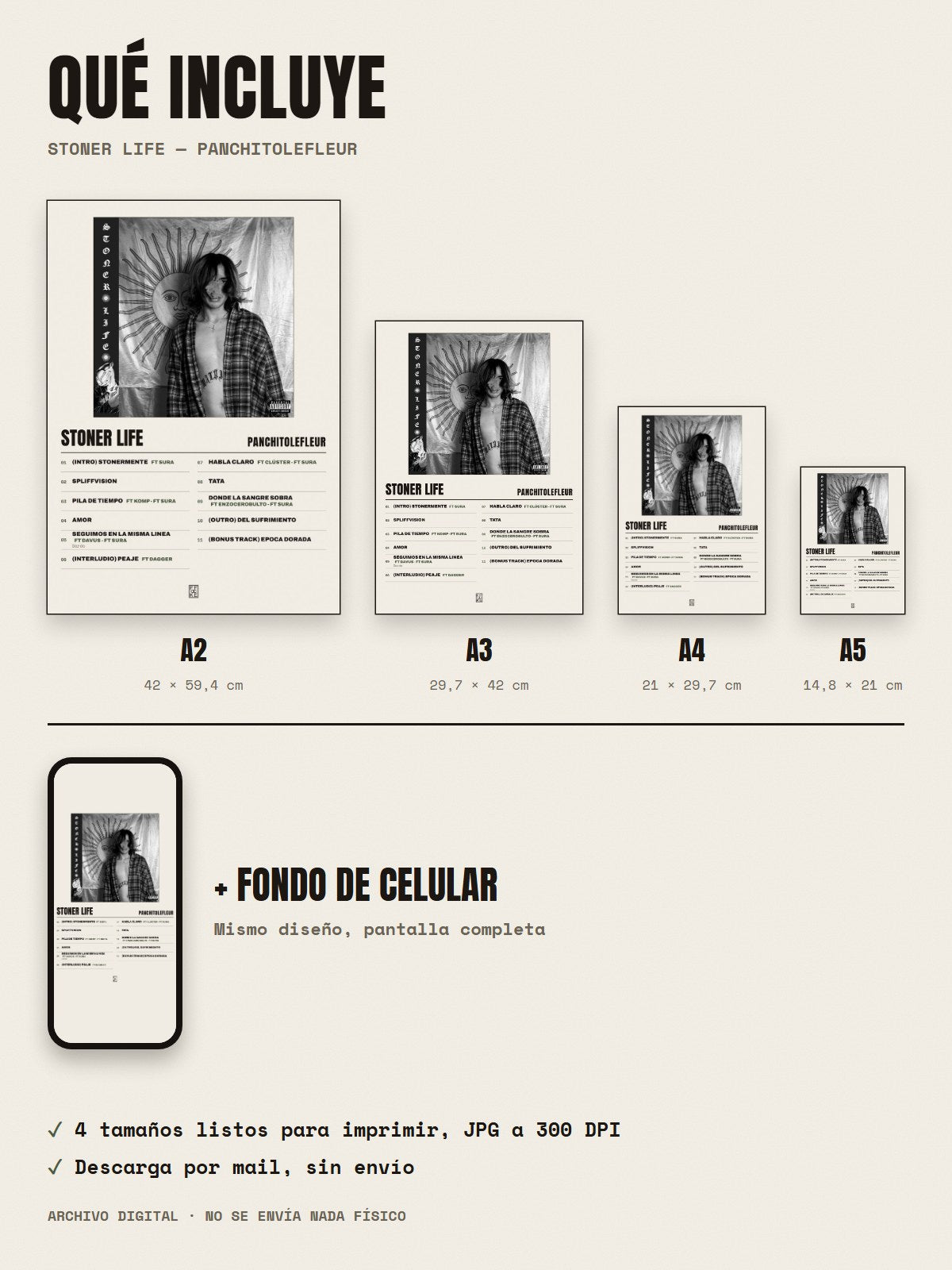 Qué incluye el póster de STONER LIFE de PanchitoLeFleur: A2, A3, A4, A5 y fondo de celular