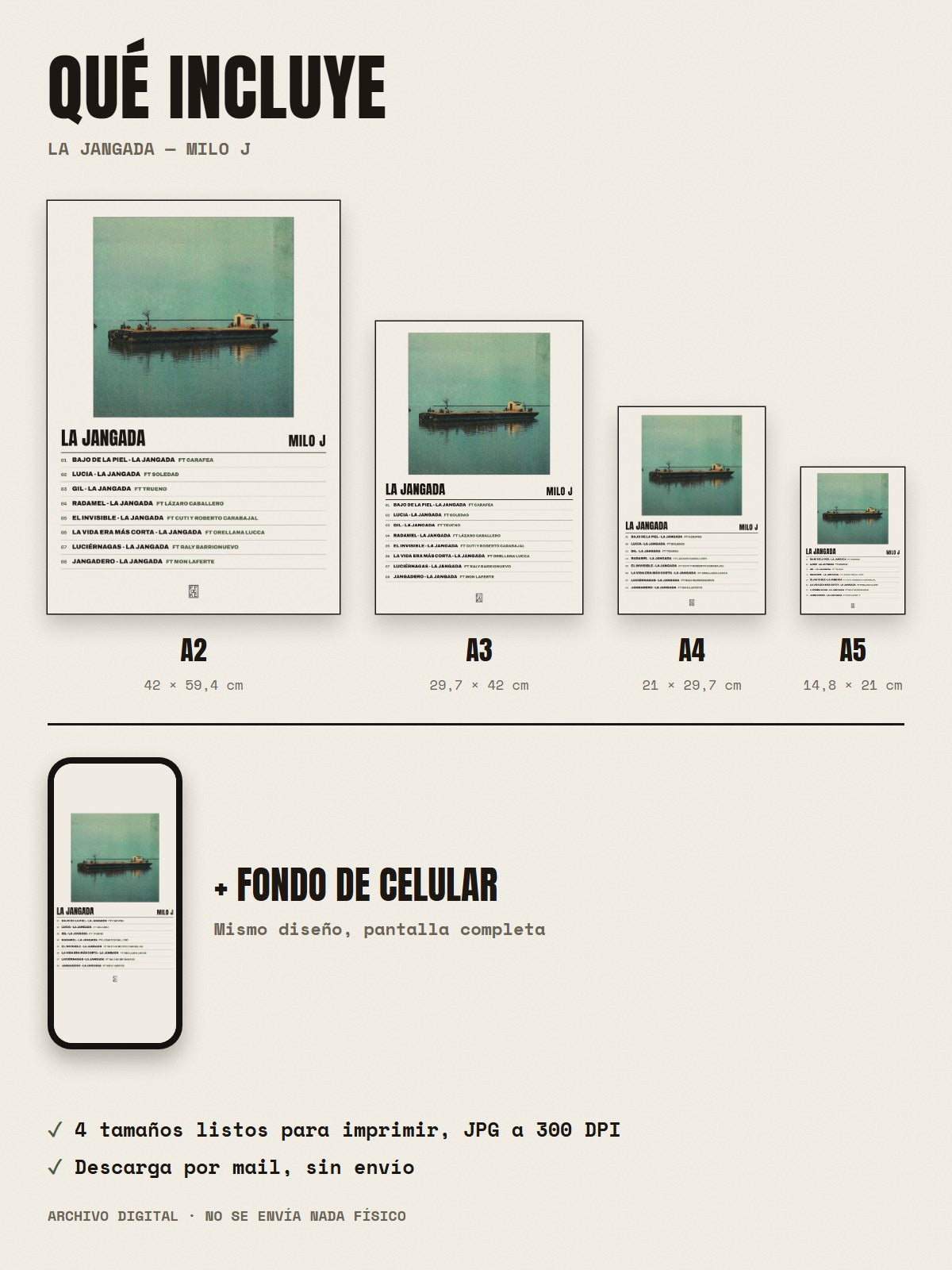 Qué incluye el póster de La Jangada de Milo j: A2, A3, A4, A5 y fondo de celular