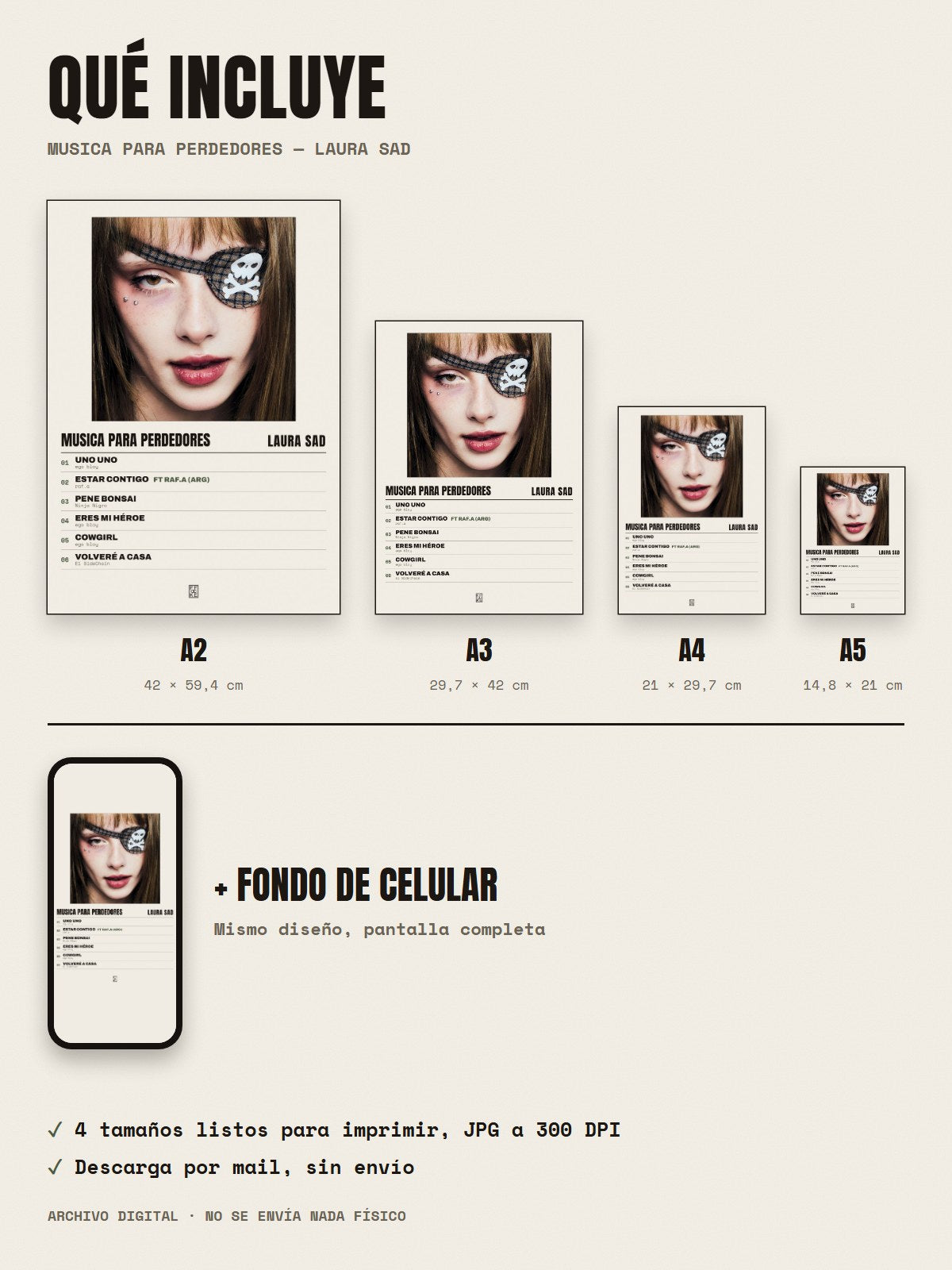 Qué incluye el póster de Musica para Perdedores de Laura Sad: A2, A3, A4, A5 y fondo de celular